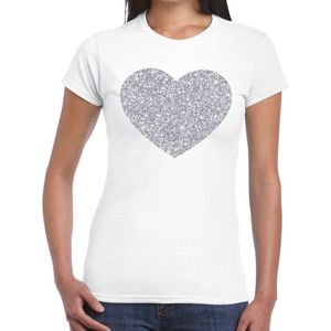 Zilveren hart glitter t-shirt wit dames - dames shirt hart van zilver