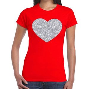 Zilveren hart glitter fun t-shirt rood voor dames