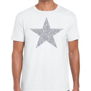 Zilveren ster glitter t-shirt wit heren - Feestshirts