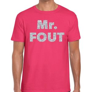 Mr Fout zilveren glitter tekst t-shirt roze heren - Foute party kleding