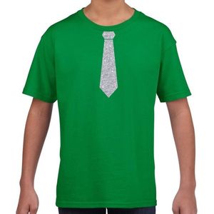 Groen fun t-shirt met stropdas in glitter zilver kinderen - feest shirt voor kids 122/128