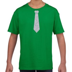Groen fun t-shirt met stropdas in glitter zilver kinderen - feest shirt voor kids 146 152