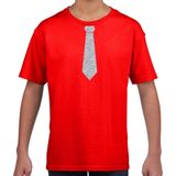 Rood fun t-shirt met stropdas in glitter zilver kinderen - feest shirt voor kids 110 116