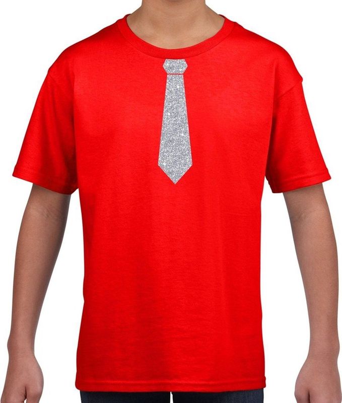 Rood fun t-shirt met stropdas in glitter zilver kinderen - feest shirt voor kids 110 116