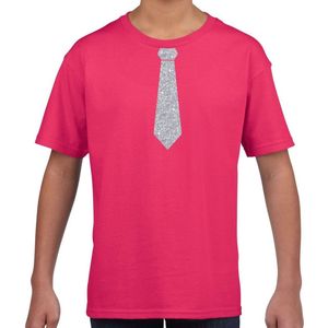 Roze fun t-shirt met stropdas in glitter zilver kinderen - feest shirt voor kids 110 116