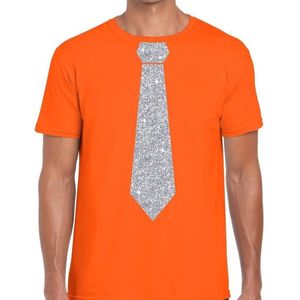 Oranje fun t-shirt met stropdas in glitter zilver heren - Feestshirts