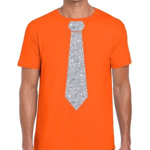 Oranje fun t-shirt met stropdas in glitter zilver heren