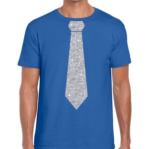 Blauw fun t-shirt met stropdas in glitter zilver heren