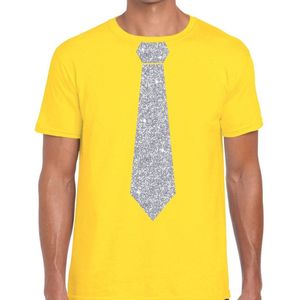 Geel fun t-shirt met stropdas in glitter zilver heren