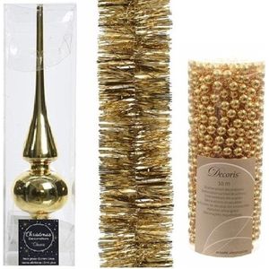 Kerstversiering set gouden piek, folieslinger en kralenslinger