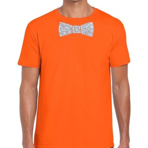 Oranje fun t-shirt met vlinderdas in glitter zilver heren - Koningsdag shirt met strikje