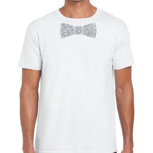 Wit fun t-shirt met vlinderdas in glitter zilver heren - shirt met strikje