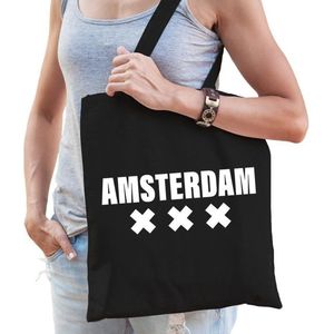Katoenen Holland/wereldstad tasje Amsterdam zwart - 10 liter -  steden cadeautas