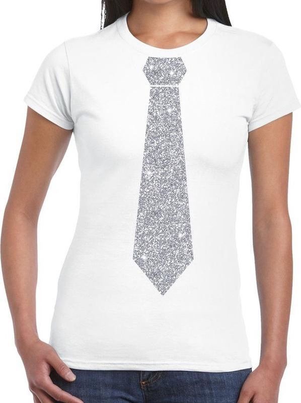 Wit fun t-shirt met stropdas in glitter zilver dames