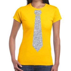 Geel fun t-shirt met stropdas in glitter zilver dames