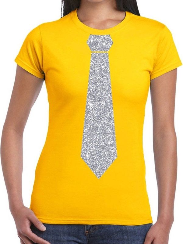 Geel fun t-shirt met stropdas in glitter zilver dames