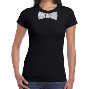 Zwart fun t-shirt met vlinderdas in glitter zilver dames - shirt met strikje