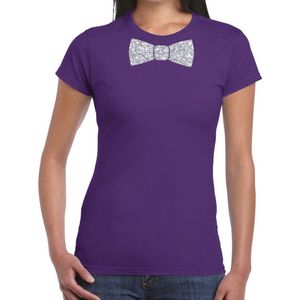 Paars fun t-shirt met vlinderdas in glitter zilver dames - shirt met strikje