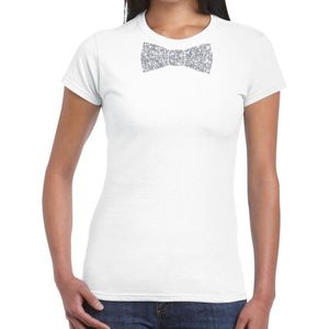 Wit fun t-shirt met vlinderdas in glitter zilver dames - Feestshirts