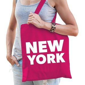 Katoenen USA/wereldstad tasje New York fuchsia roze - 10 liter - steden cadeautas
