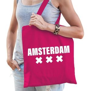 Katoenen Holland/wereldstad tasje Amsterdam roze