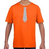 Oranje fun t-shirt met stropdas in glitter zilver kinderen - feest shirt voor kids 110 116