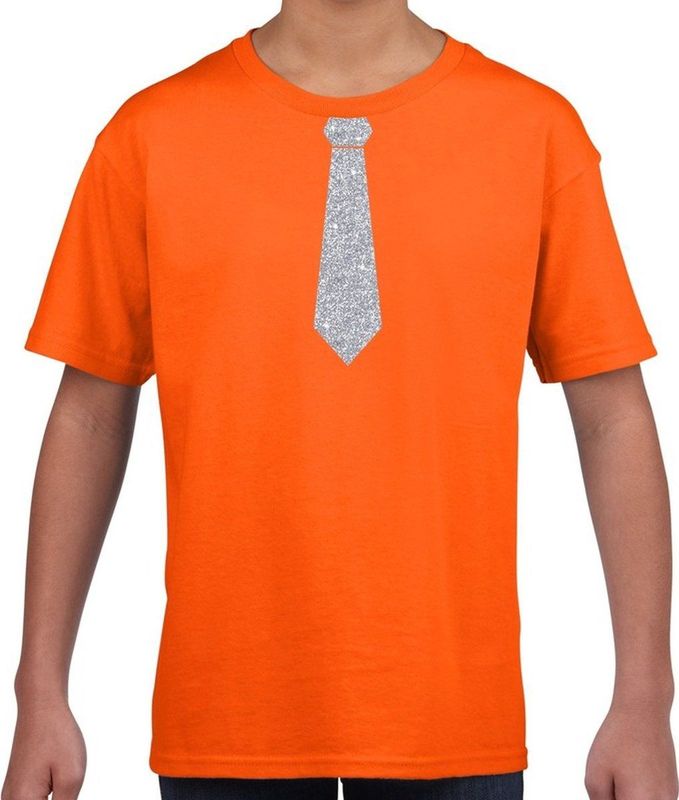 Oranje fun t-shirt met stropdas in glitter zilver kinderen - feest shirt voor kids 110 116