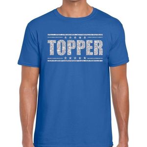 Blauw Topper shirt in zilveren glitter letters heren - Toppers dresscode kleding