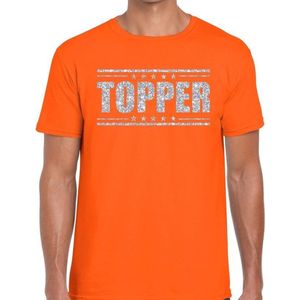 Oranje Topper shirt in zilveren glitter letters heren - Toppers dresscode kleding