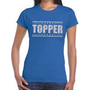 Blauw Topper shirt in zilveren glitter letters dames