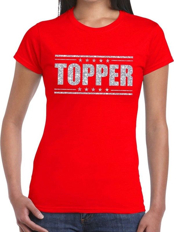 Rood Topper shirt in zilveren glitter letters dames - Toppers dresscode kleding