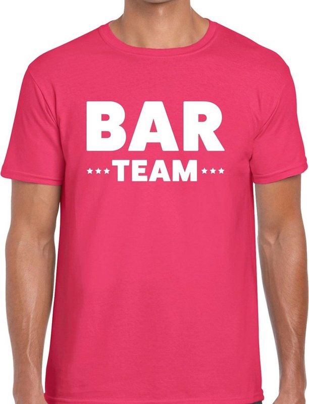 Bar team tekst t-shirt fuchsia roze heren - evenementen crew personeel shirt