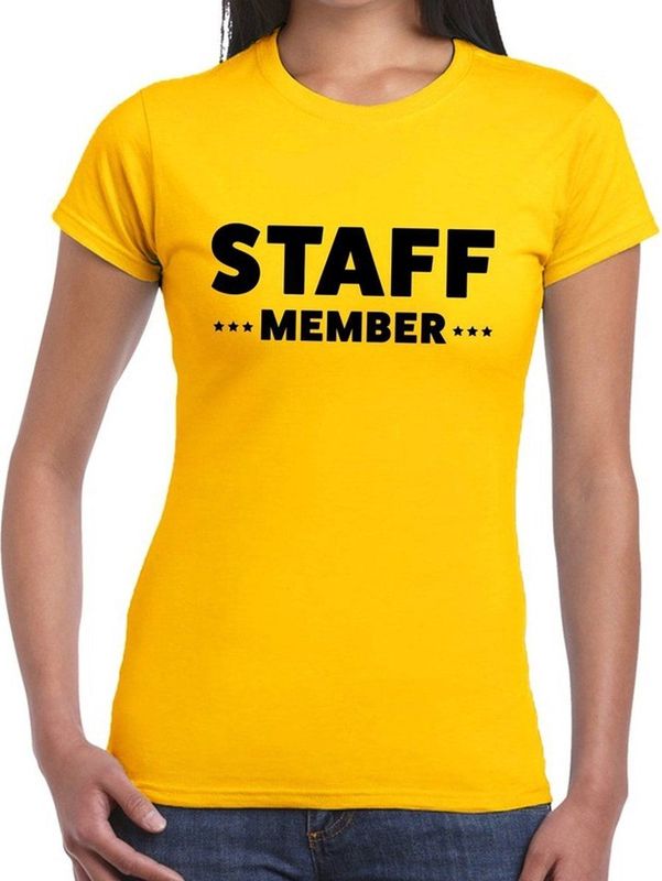 Staff member tekst t-shirt geel dames - evenementen personeel crew shirt