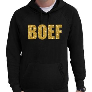 BOEF goud glitter tekst hoodie zwart heren - zwarte glitter sweater/trui met capuchon