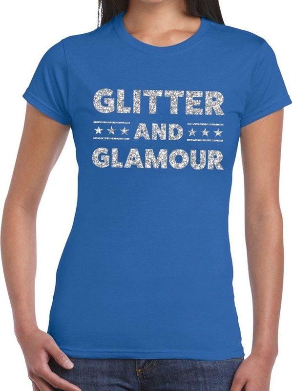 Glitter and Glamour zilver glitter tekst t-shirt blauw dames - zilver glitter and Glamour shirt