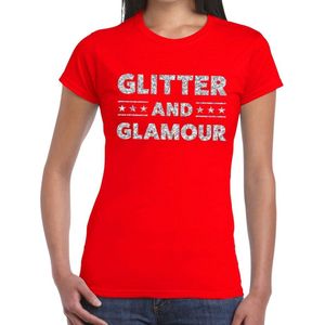 Glitter and Glamour zilver glitter tekst t-shirt rood dames - zilver glitter and Glamour shirt
