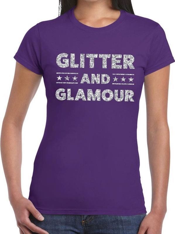 Glitter and Glamour zilver glitter tekst t-shirt paars dames - zilver glitter and Glamour shirt