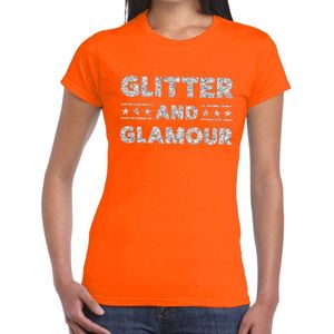 Glitter and Glamour zilver glitter tekst t-shirt oranje dames - zilver glitter and Glamour shirt