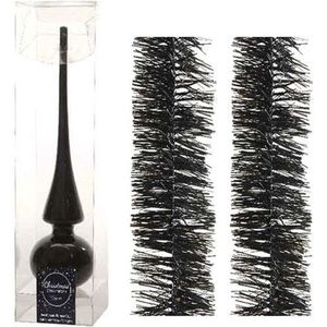 Kerstboomversiering set zwarte piek en 2x folieslingers set - Kerstboomversiering zwart