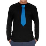 Bellatio Decorations - Long Sleeve T-shirt - Zwart - Met Blauwe Stropdas - Voor Heren