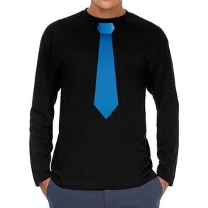 Bellatio Decorations - Long Sleeve T-shirt - Zwart - Met Blauwe Stropdas - Voor Heren