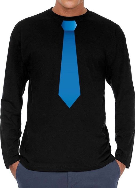 Bellatio Decorations - Long Sleeve T-shirt - Zwart - Met Blauwe Stropdas - Voor Heren