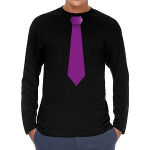 Zwart long sleeve t-shirt zwart met paarse stropdas bedrukking heren