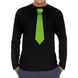 Zwart long sleeve t-shirt zwart met groene stropdas bedrukking heren