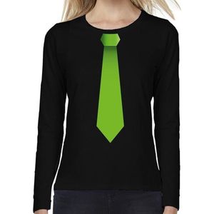 Zwart long sleeve t-shirt zwart met groene stropdas bedrukking dames