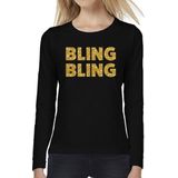 Bling Bling goud glitter tekst t-shirt long sleeve zwart voor dames- zwart Bling Blingshirt met lange mouwen voor dames