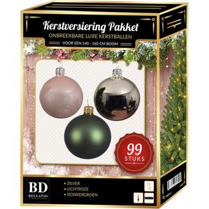 Zilver/lichtroze/donkergroen Kerstversiering voor 150 cm boom 99-delig