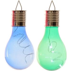 2x Buitenlampen/tuinlampen lampbolletjes/peertjes 14 cm blauw/groen