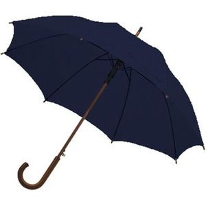 Navy blauwe luxe paraplu met houten handvat in haakvorm 103 cm - Paraplu - Regen