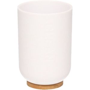 Witte badkamer beker met bamboe 11 cm- 300 ml - Badkameraccessoires - Drinkbeker